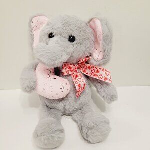 Gray Elephant Pink Ears Holding Heart Red Hear Love Bow Plush Stuffed Toy